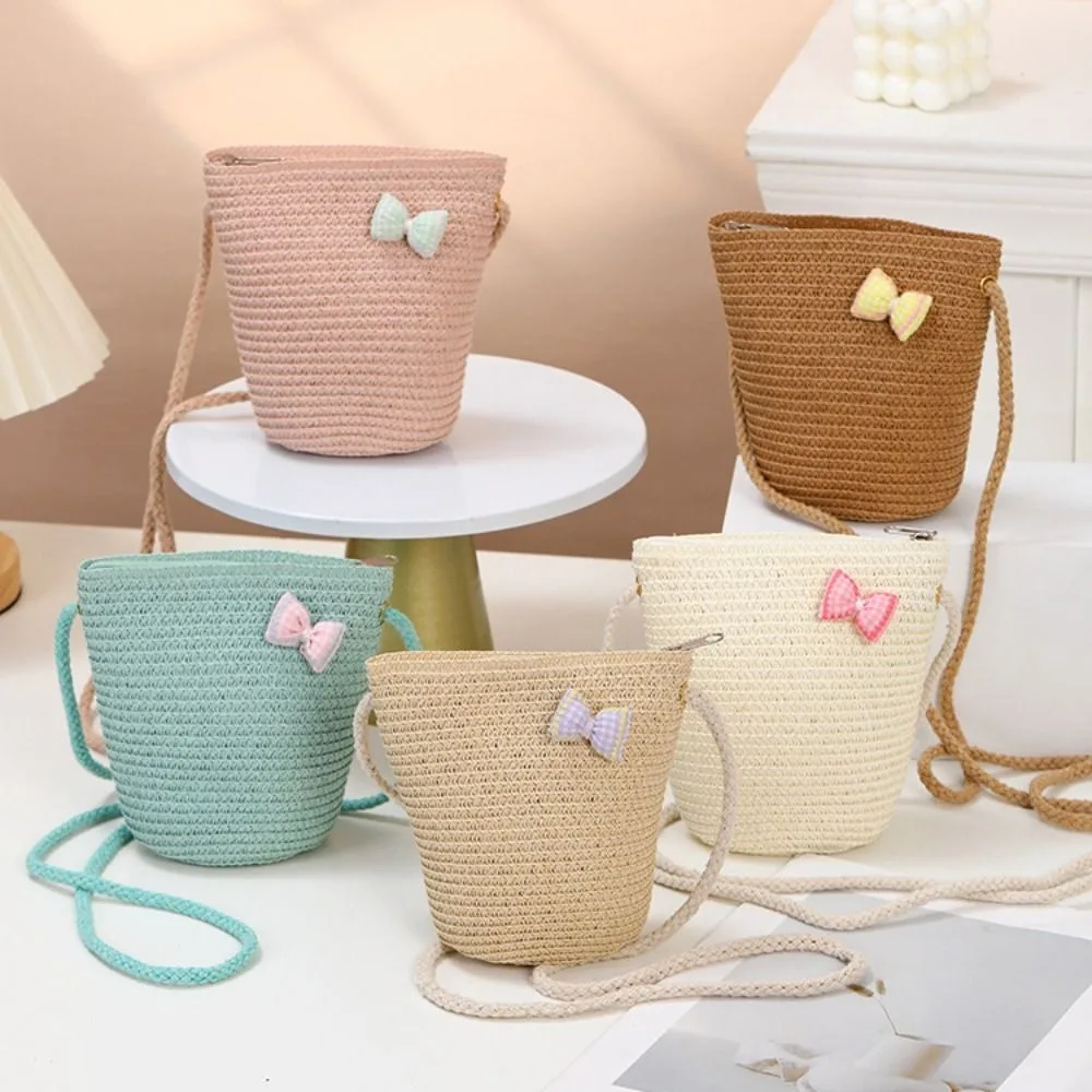 

Lovely Handmade Woven Straw Bag Flower Bow Storage Basket Zipper Messenger Bag Children