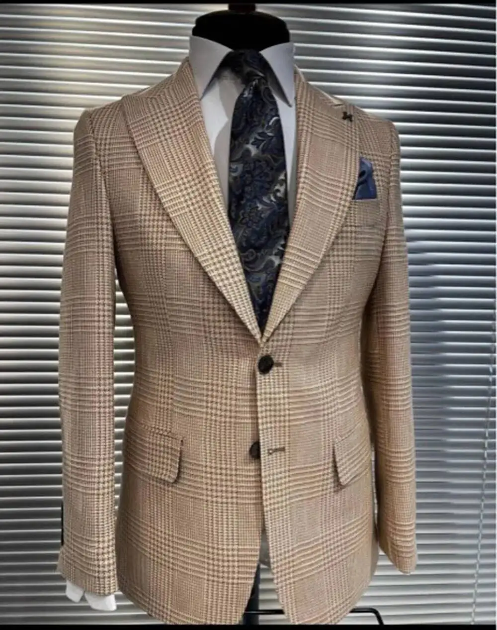 Khaki 2 Pieces Suit Houndstooth Design Blazer Trousers Men's Wedding Clothing Party Wear Jacket Pants Outfit Costume Customized