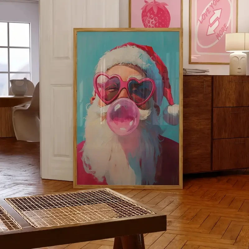 

Fun Modern Santa Claus Poster with Heart-shaped Glasses, Canvas Wall Art Painting, Christmas Home Decoration, Holiday Home Gifts