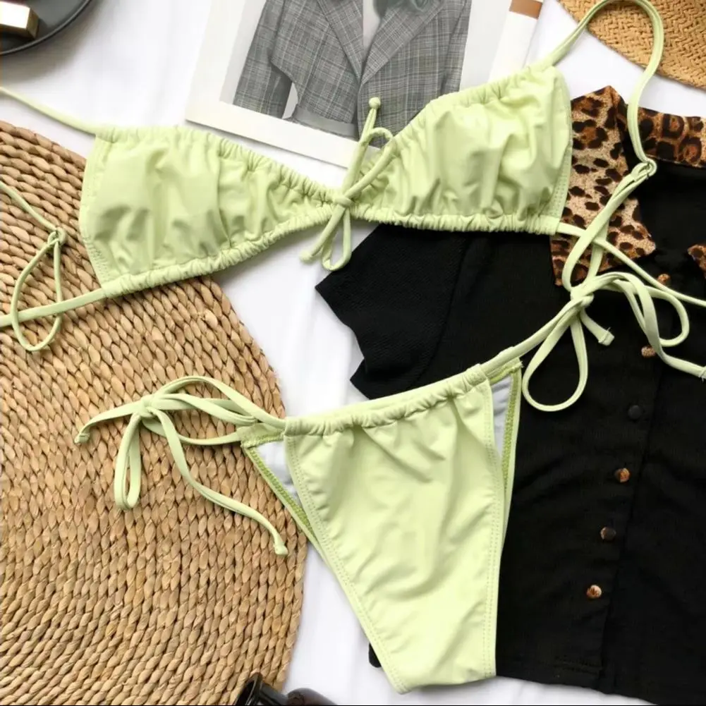 

2025 Summer Bikini G-string Swimwear Set Solid Color Pleated Quick Dry Swimwear Set Two-piece Exposed Bather Bathing Suit