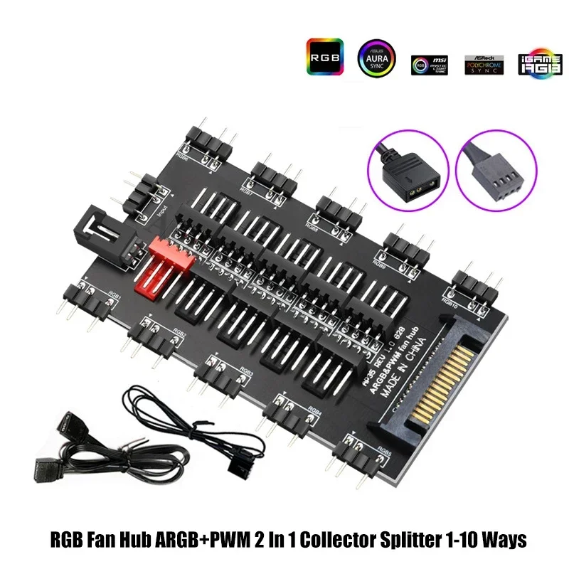Hub Kipas RGB Kolektor PWM ARGB 2 In 1 Splitter, 2X 10 Cara MB 5V AURA SYNC, Konektor Daya SATA