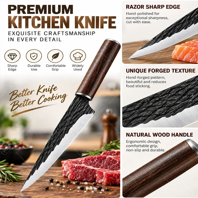 WXCOO Hand Forged Kitchen Butcher Knife with Cover Specialized Knife for Skinning Slaughtering Dividing Beef Mutton Boning Knife