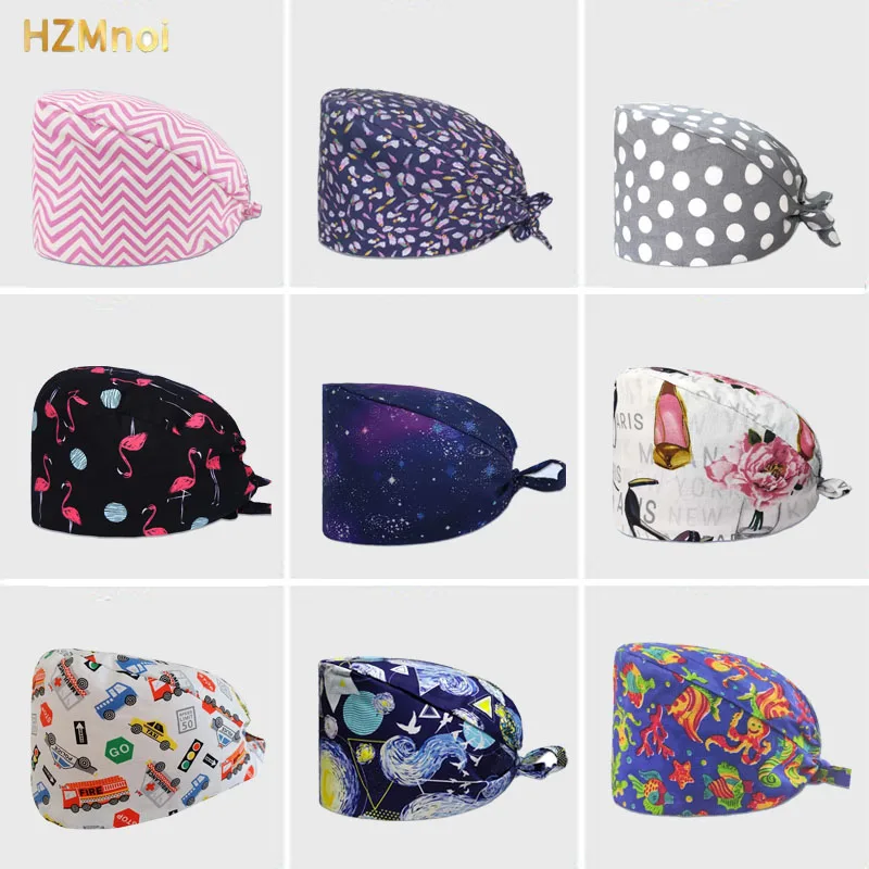 Pink Printed Hats Men and Women Work Hat Scrub Cap Gorro Enfermera Quirofano Scrub Cap Cotton Scrubs Hat Nurse Accessories