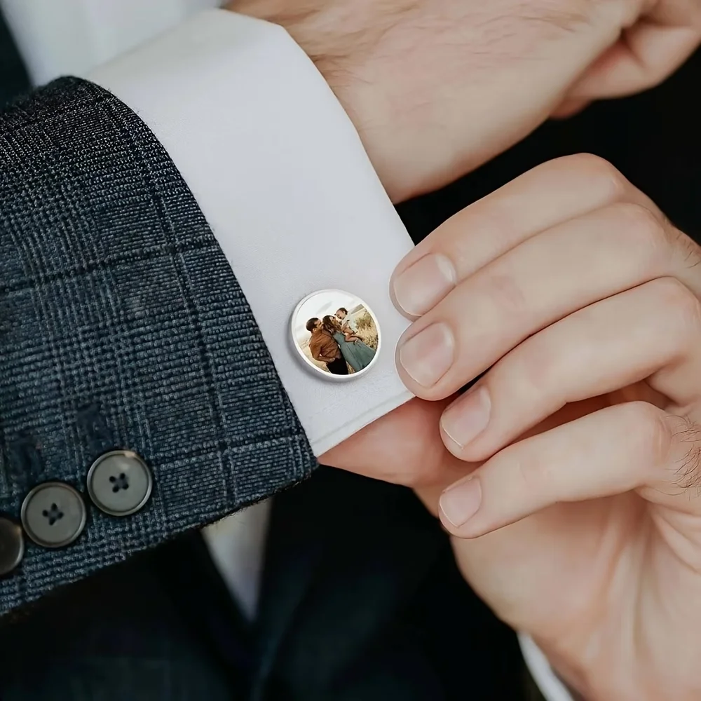 

Custom Picture Round Cufflinks Personalized Company Logo Design Memory Pet Portrait Couple Photo Cufflink Stainless Steel Jewelr