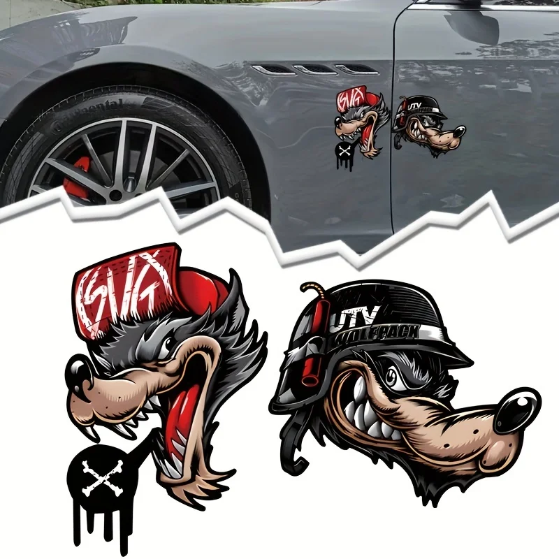 2pcs Cartoon Car Stickers Cool Wolf Head Expression for Auto Body Window Motorcycle Tank Vinyl Decals Notebooks Laptop Decor