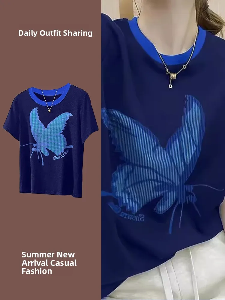 Pure Cotton Klein Blue Contrast Color  Print Short Sleeve T-Shirt Summer Trendy Anti-Aging Luxury Top Women's Fashion