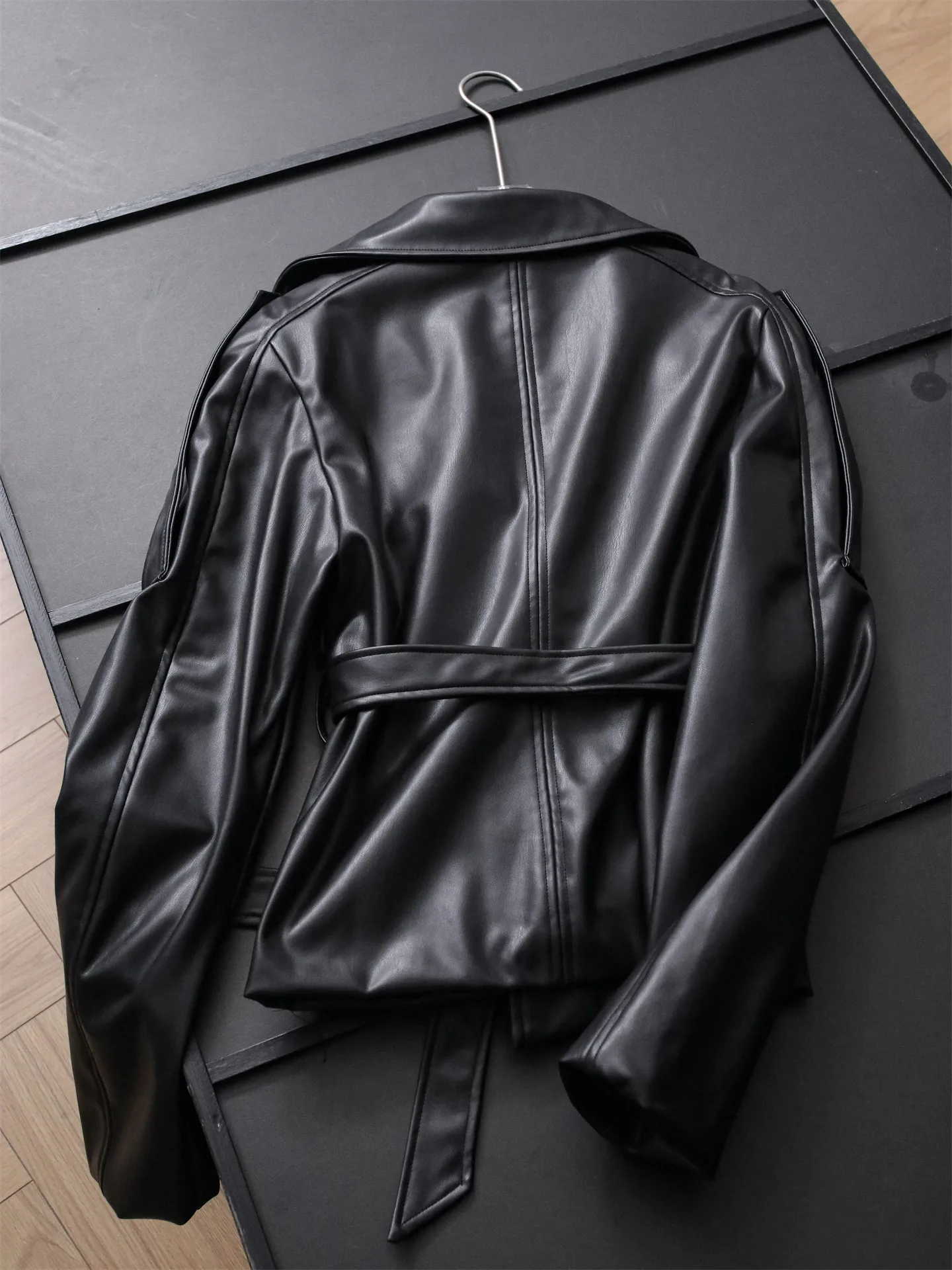 Casual Style Long Sleeve Biker Jacket Women's Leather Coat with Waist Belt Slimming Design Standard Fit PU Leather Jacket