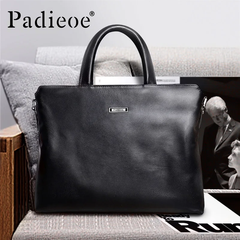 Padieoe New Designer Brand Genuine Cow Leather Men\'s Briefcase Fashion Solid Color Mens Shoulder Bag Business Laptop Bag