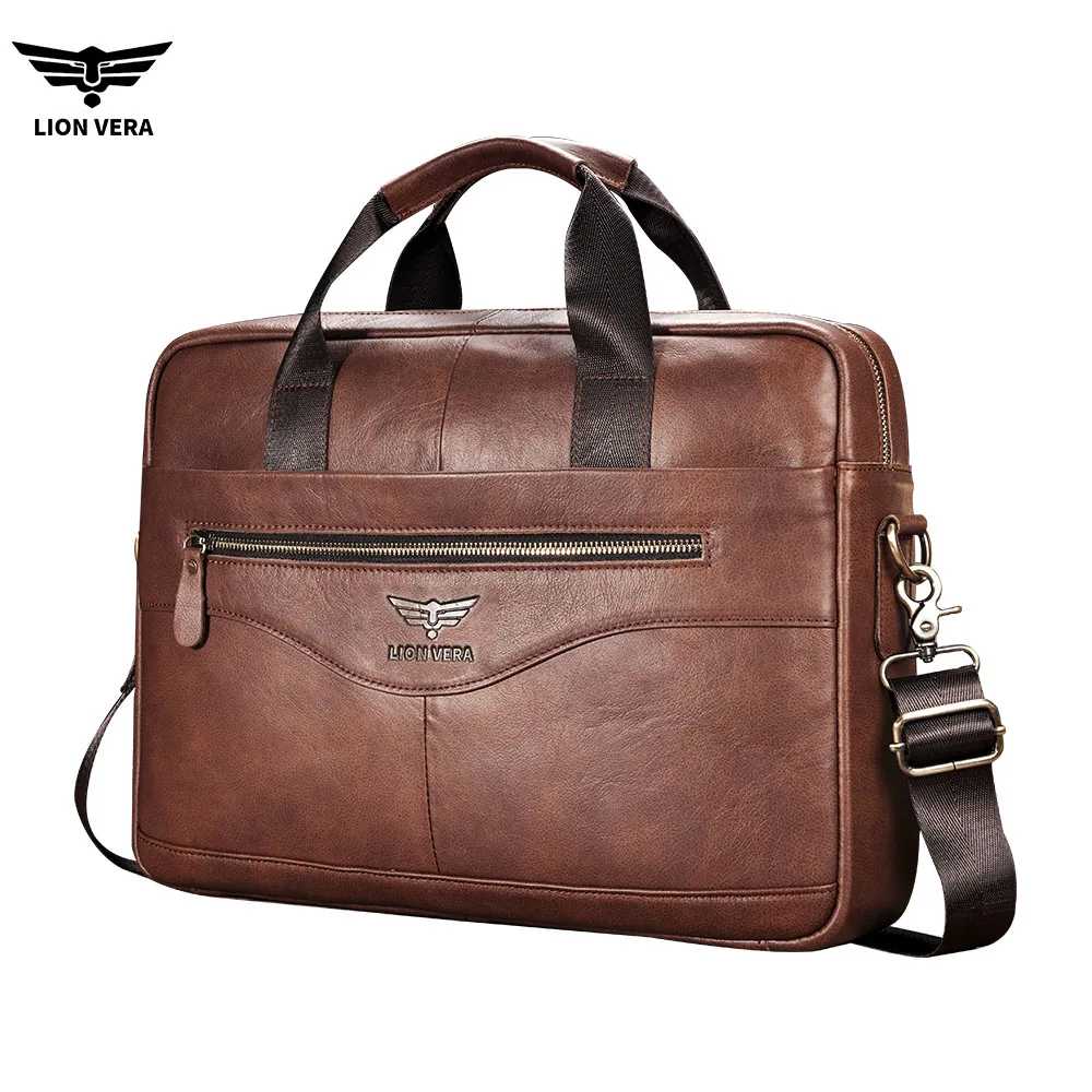 LION VERA Men's Business Commuting Large Capacity Crossbody Portable Genuine Leather Laptop Zipper Shoulder Fashion Briefcase