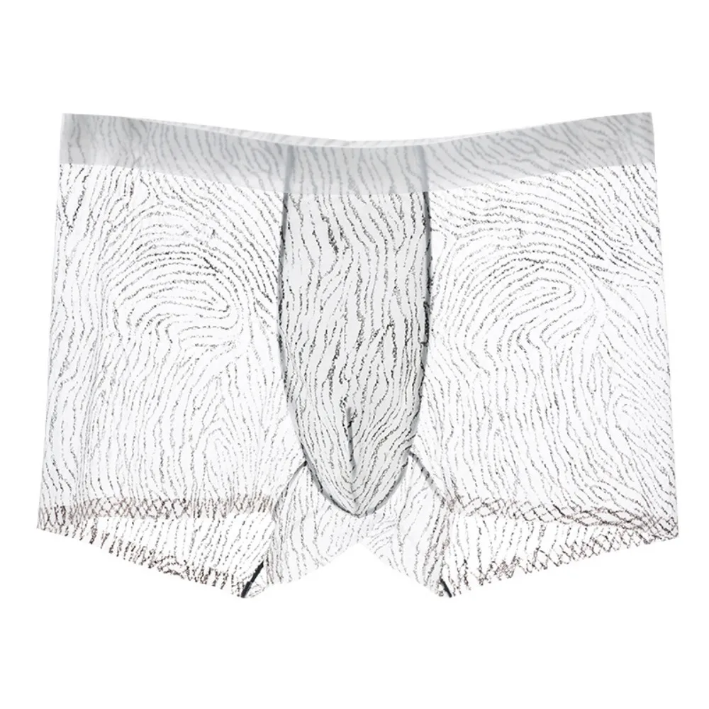 Simple Thin Ice Silk Boxer Briefs Stripe See Through Cool Feeling Underpants Breathable Seamless Men Underwear Summer