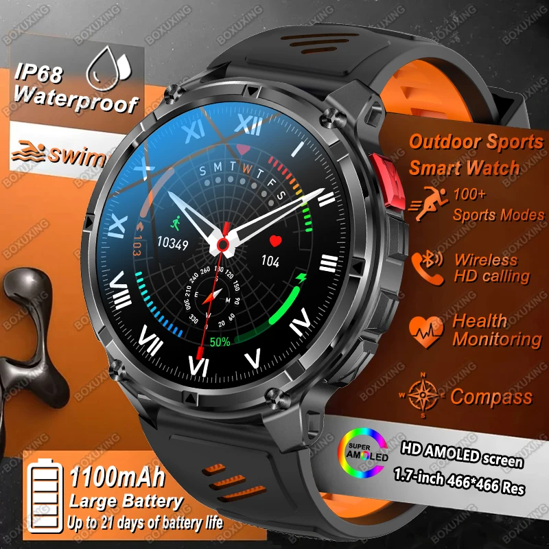 

New Military-grade 1100mAh Battery Smartwatch Compass 5ATM Waterproof Outdoors Sports GPS Track Military Flashlight Smartwatches