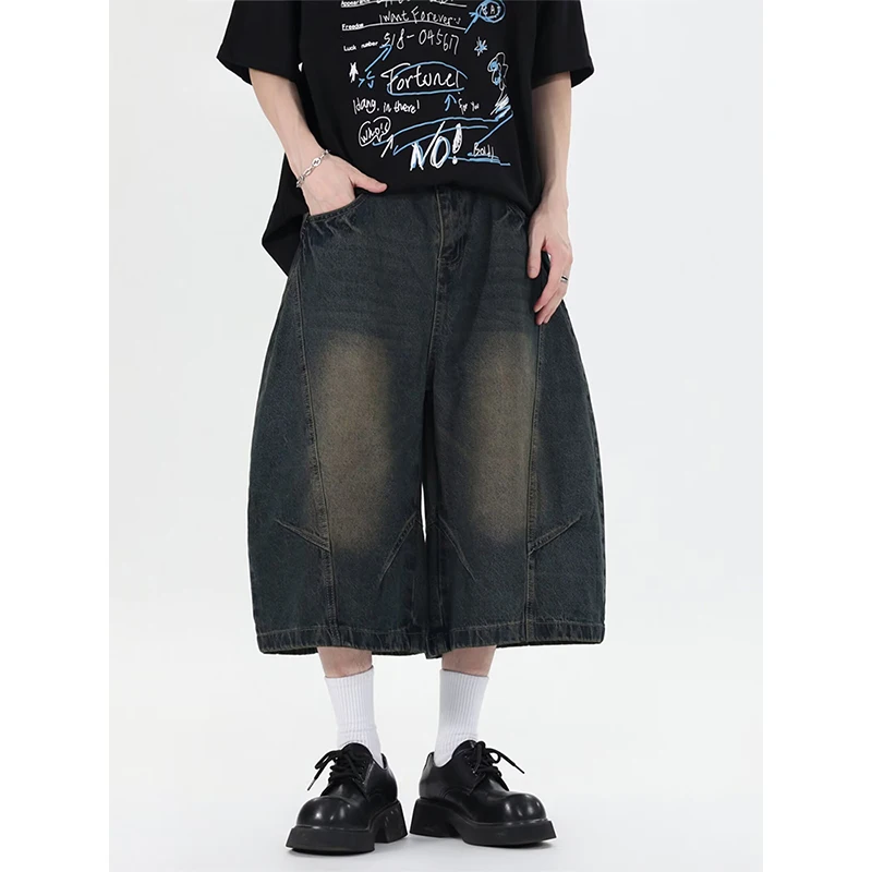 

Summer New Baggy Denim Shorts Fashion Casual Straight Harajuku Jeans Male Vintage Wash Drawstring Short Pants Streetwear