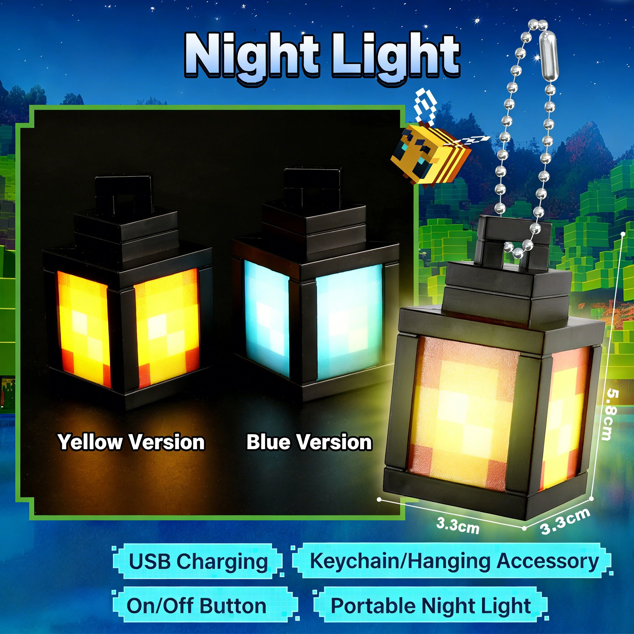 Lanterna Noturna Estilo Pixel Portátil, Lanterna em Bloco com Carregamento USB, Luz de Ambiente, Ornamento para Mochila, Presentes Inovadores para Gamers
