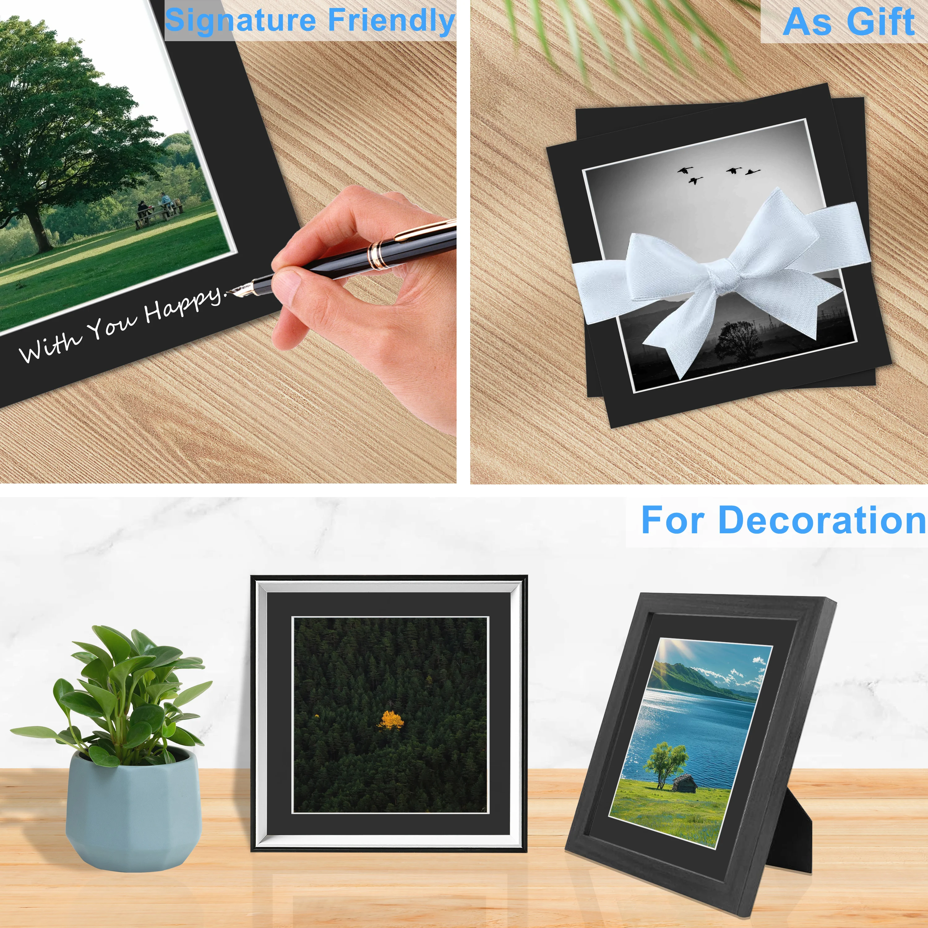 10 Packs 8x8inch Black Picture Mats Photo Frame Mattes Great for Photo Art Room Decor Card Paper [Mat + Backboard + Bag]