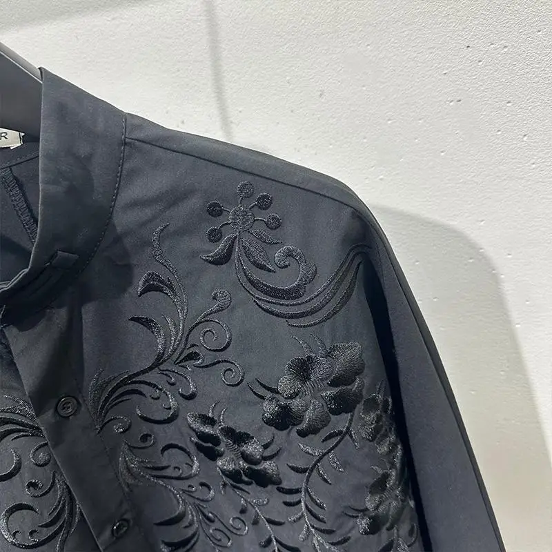 High Street Tees Tshirt Men's Dark and Fashionable Loose Embroidered Print Stand Up Collar Button Long Sleeved Shirt Top