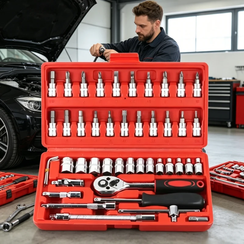 

46Pcs Socket Tool Kit 1/4 Inch, Red Ratchet Wrench Set, Durable Portable Tools for Car & Home DIY Repair