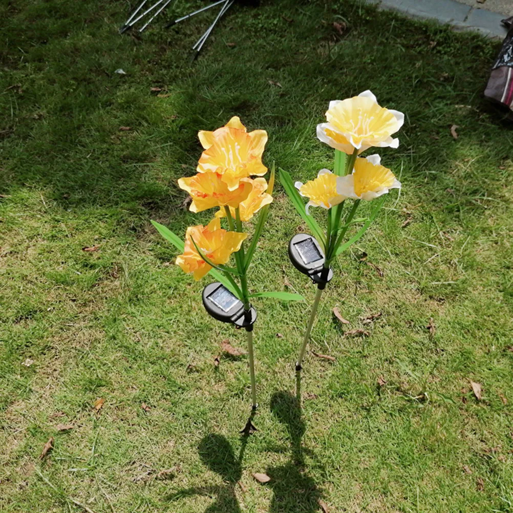 2Pcs Solar Power LED Simulation Daffodil Flower Floor Light Outdoor Waterproof Long Lawn Insert Lights Garden Solar Lamp