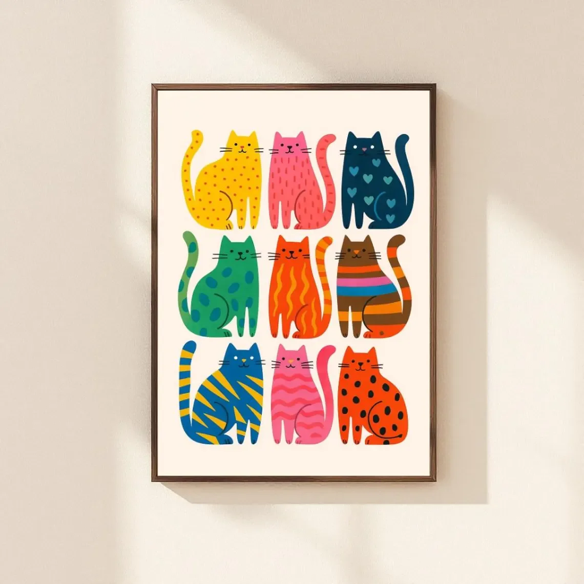 Retro-Farbkatzen-Poster, bunter Katzen-Wandkunstdruck, Kinderzimmer-Dekoration, verspielte Kinderzimmerkunst, Kitty-Illustration, Katzen-Poster, Digi