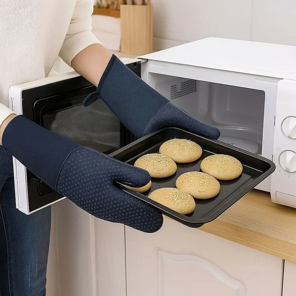 Guantes profesionales resistentes al calor para microondas, manoplas para horno Extra largas de Color sólido, guantes antideslizantes de silicona para hornear, asar
