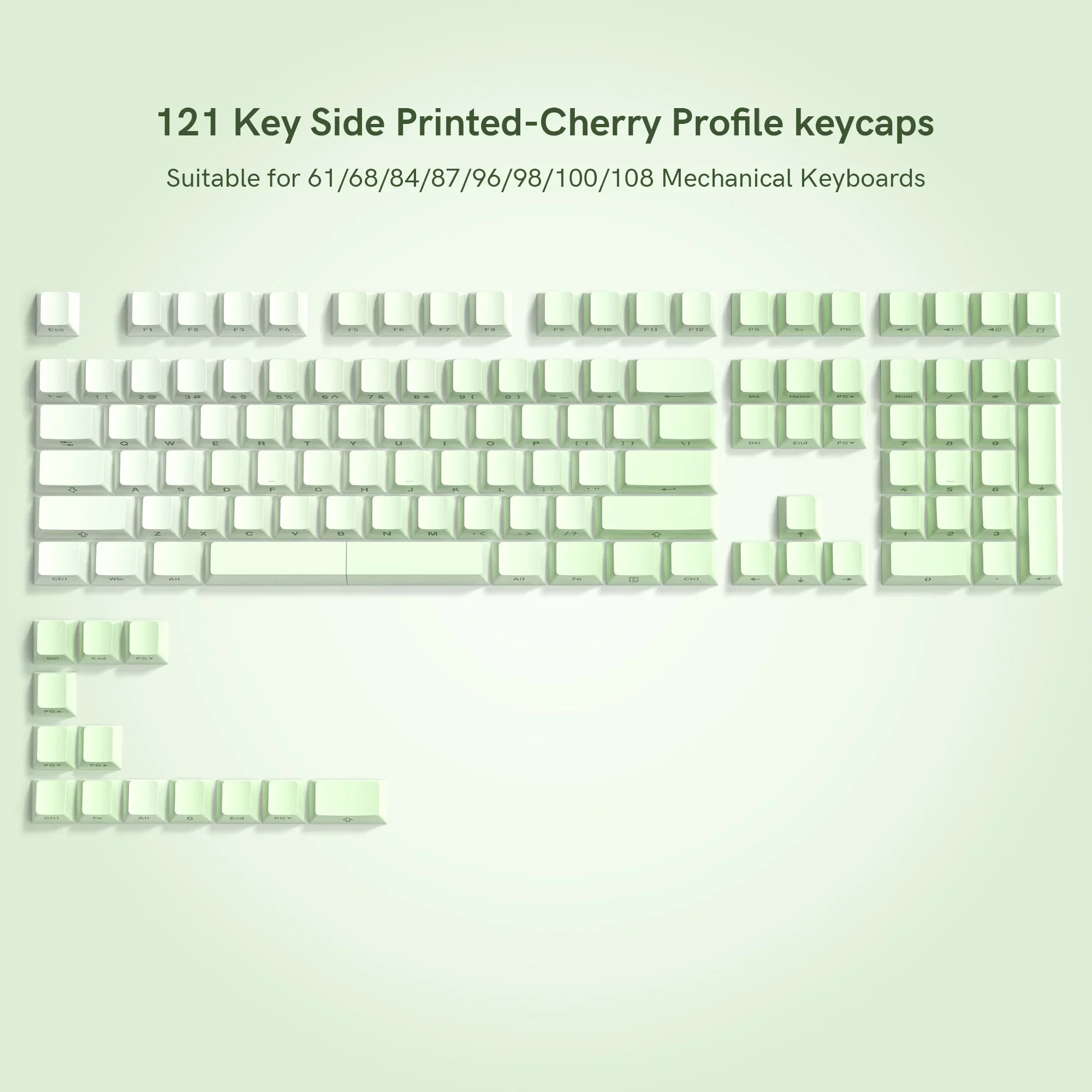 121 Key Side Print Shine Through  Double Shot Backlit Gradient Fruit Green keycaps For MX Mechanical Keyboard 108 87 84 64 61