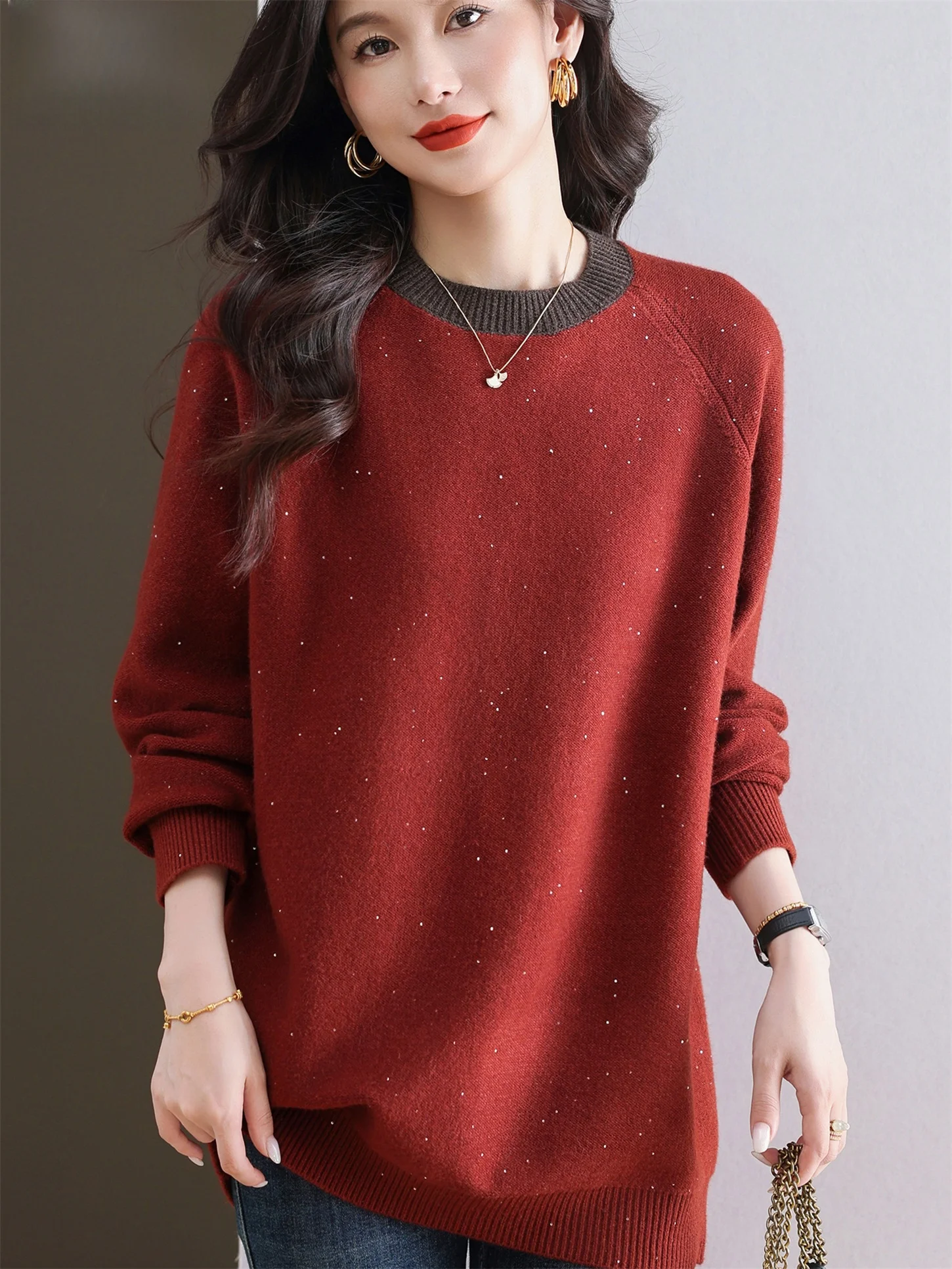 

Comfortable Woolen round Ne Base irt Women's Loose Fit Warm Faionable Autumn Winter New Sle Mommy Clothes for ly