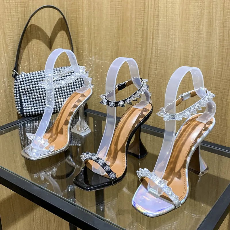 2023 Summer New Style One Strap Transparent Rivet Fashion High Heels Sandals for Women