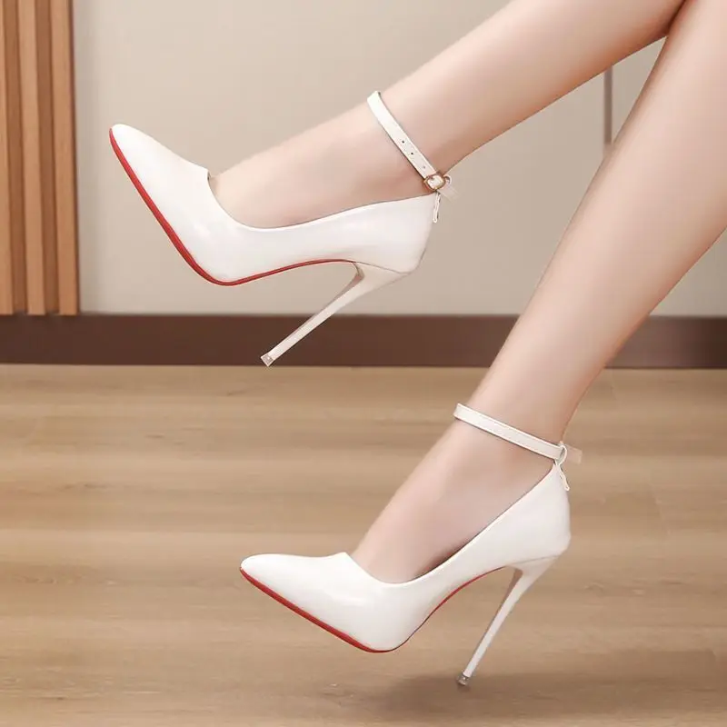 Sexy One Word Buckle High Heels 2023 Summer Fashion 12cm Super Heel Lady Party Pumps Large Pointed Toe Stiletto Women\'s Shoes 45