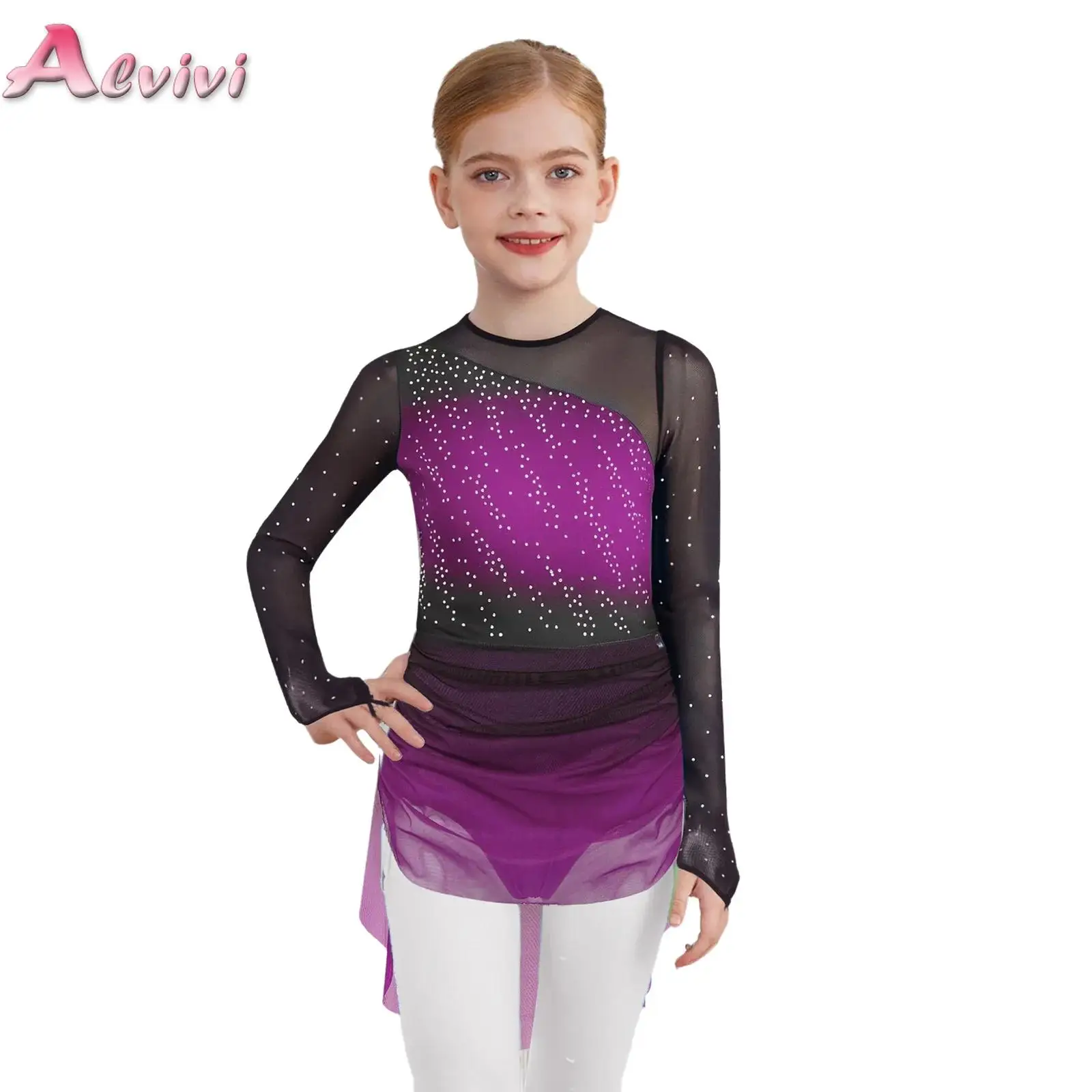 

Gradient Figure Skating Performance Jersey Kids Girls Rhinestones Ballet Lyrical Dance Leotard Dress Rhythmic Gymnastics Costume