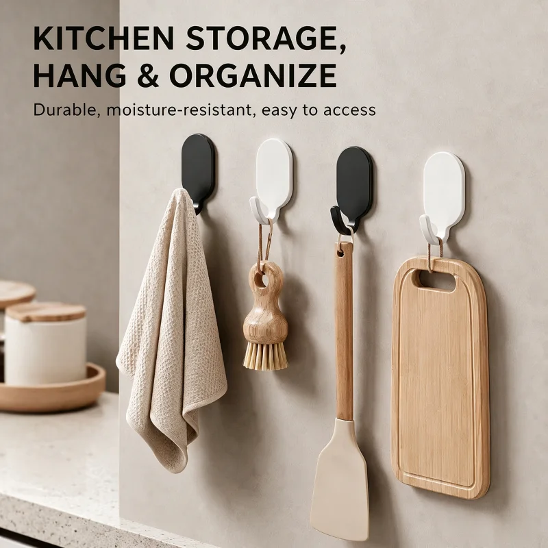 No Mark Self-Adhesive Stainless Steel Hooks, Heavy Duty Drillless Wall Mount Hooks for Home Bathroom Kitchen Use