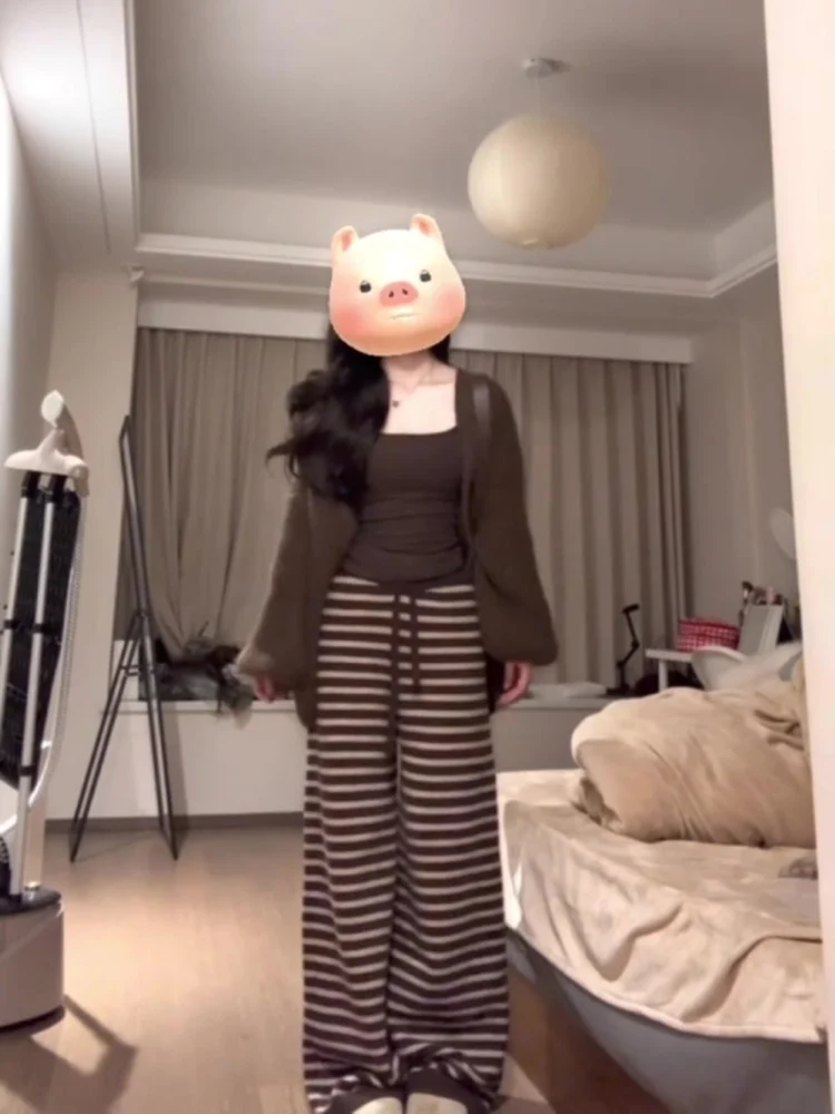

Korean Sle High Waist Wide Leg Pants Striped Casual Thiened Loose Dstring Retro Lazy Casual Floor-Length Pants