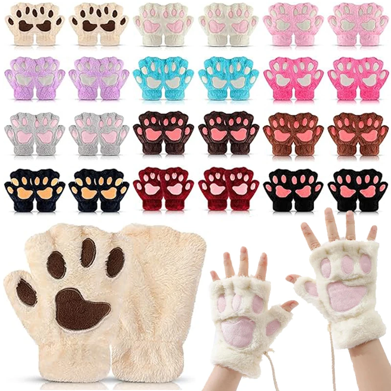 

1 Pair Girls Cute Cartoon Cat Fluffy Claw Fingerless Gloves Warm Soft Plush Velvet Glove Half Finger Women Winter Rope Mittens