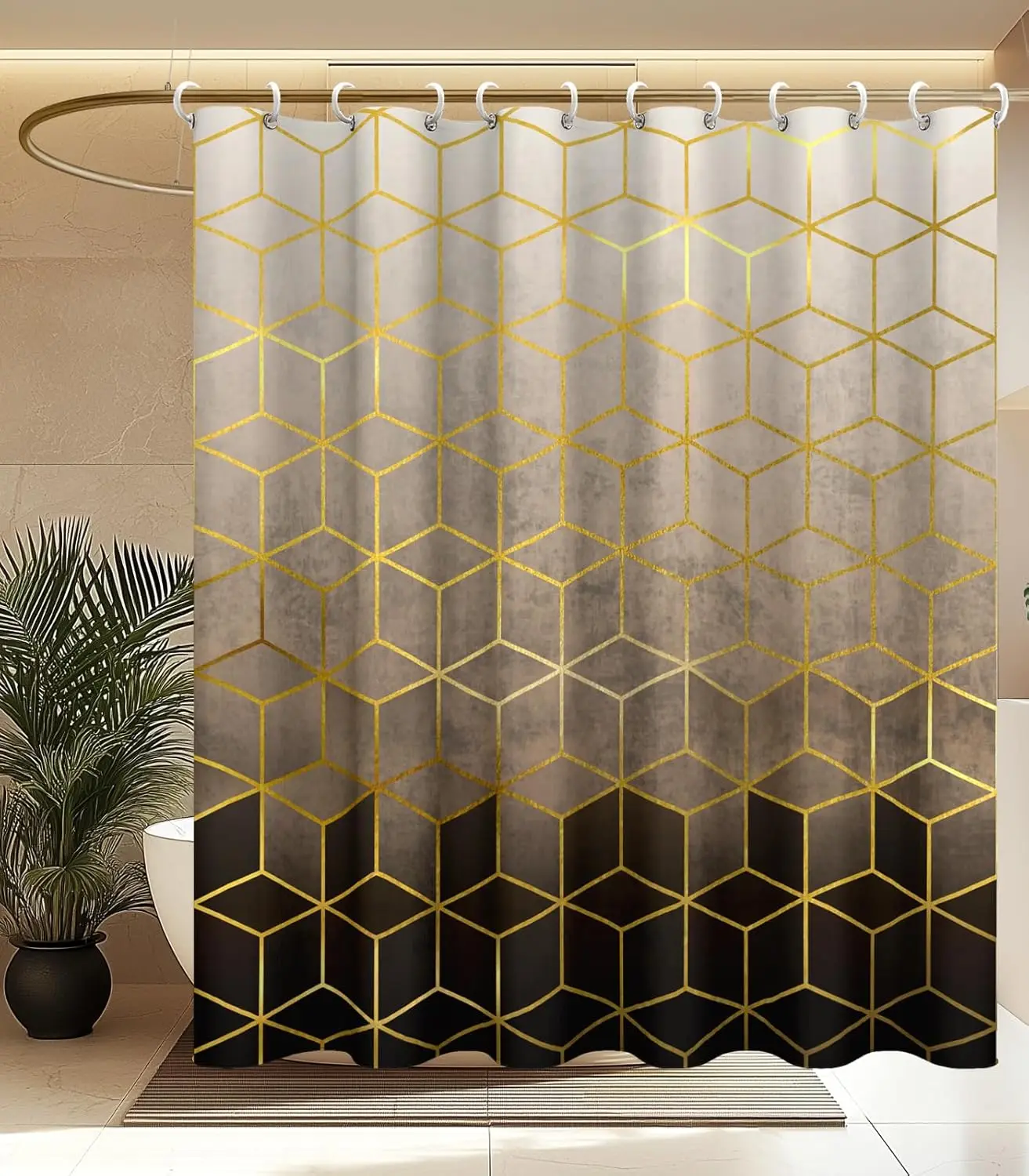

Luxury Gold Geometric Cube Pattern Waterproof PEVA Fabric Shower Curtain with Hooks Brown Black Gradient Modern Bathroom Decor