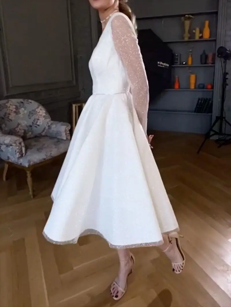 Robe de Bal à Col en V Profond pour Femme, Tenue de Soirée à Manches sulf, à la Mode, en Maille Transparente, à Volants, pour Printemps et Automne