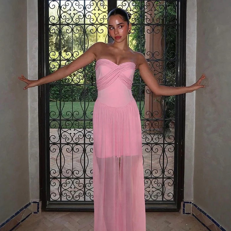 

Summer New Women'S Sexy Slim Fit Mesh Splicing Double-Layer Strapless One Neck Dress