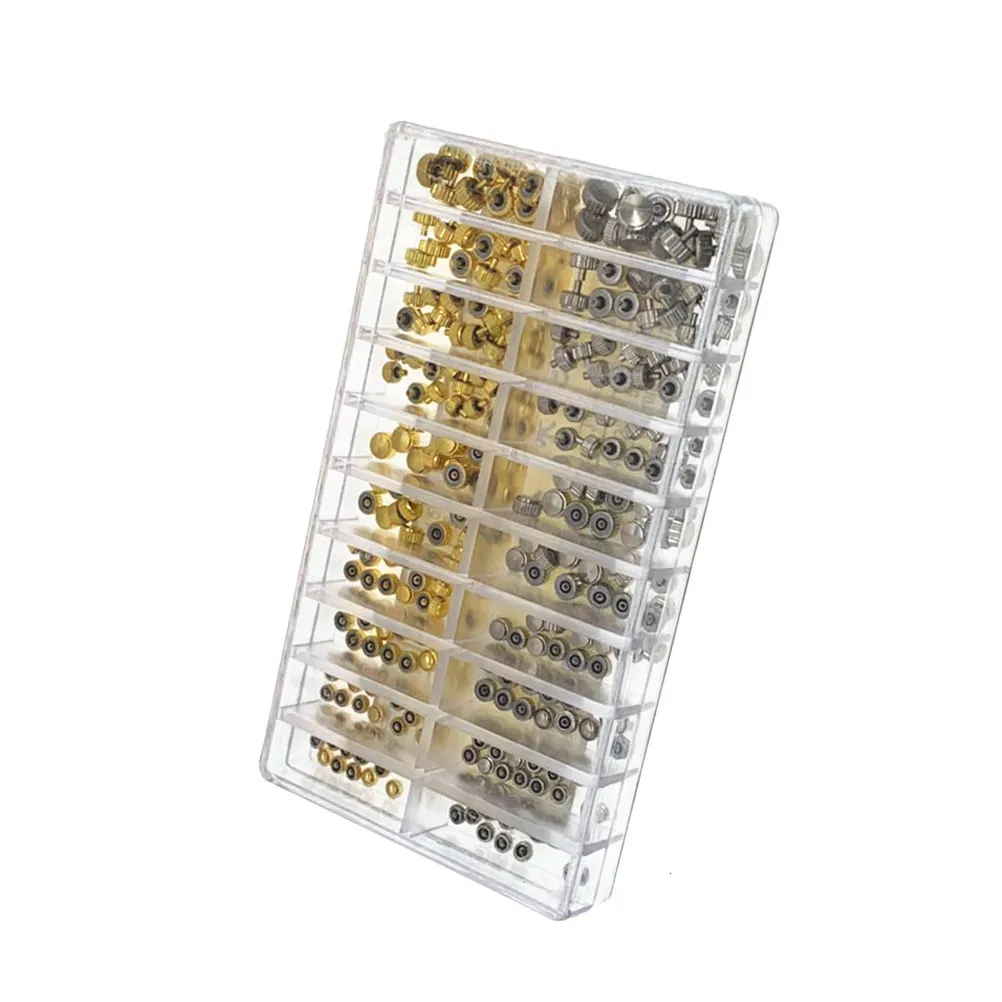 

300Pcs Watch Crown Replacement Kit with 20-Compartment Plastic Box Waterproof Mixed Gold for Watchmakers