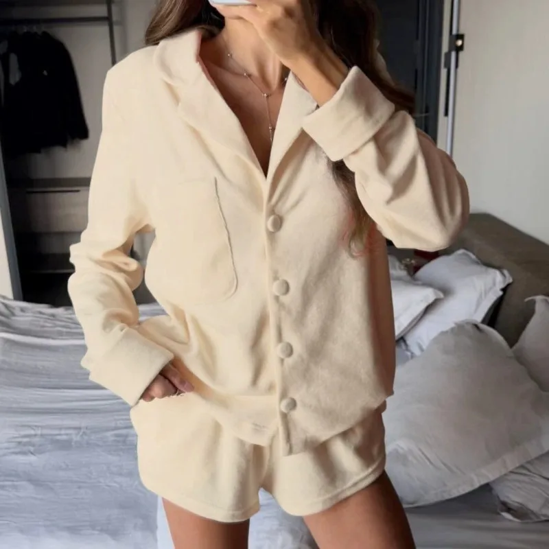 2026 Autumn New Pink Knitted Flannel Long Sleeved Loose Comfortable Two-Piece Pajama Set L Size Two Pieces Long Sleeves Shorts