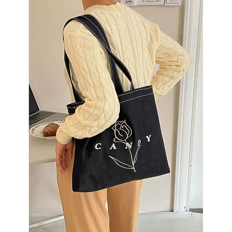 

Embroidered Flowers Denim Large Capacity Shoulder Bag Korean Version Simple Fashion Casual Computer Tote Bag Portable Canvas Bag