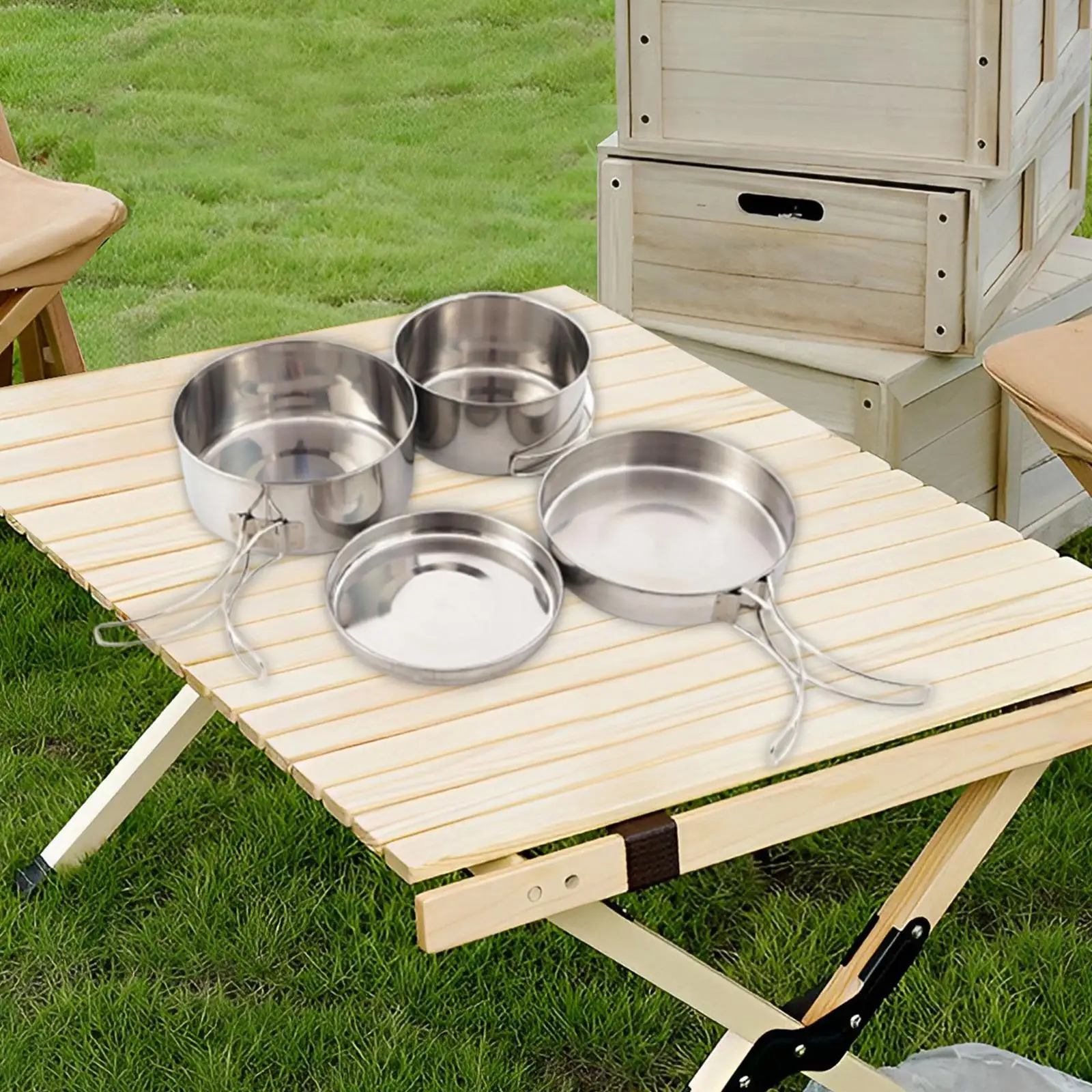 التخييم الأواني والمقالي مجموعة التخييم أواني الطبخ التخييم الطبخ طقم حلل استانلس ستيل المحمولة سعة كبيرة للتنزه في الهواء الطلق بجولة #2