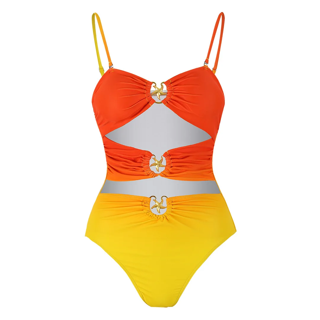 

Sexy Orange Gradient One Piece Swimsuit 2024 Women Bandeau Metal Ring Linked Hollow Out Backless Bathing Suit Swimwear Monokini