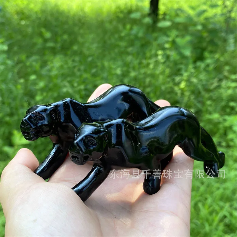 Natural Black Obsidian Quartz Crystal Rock Leoparad Figurine Healing Reiki Chakra Semi Precious Gemstone Aniaml Statue Ornament