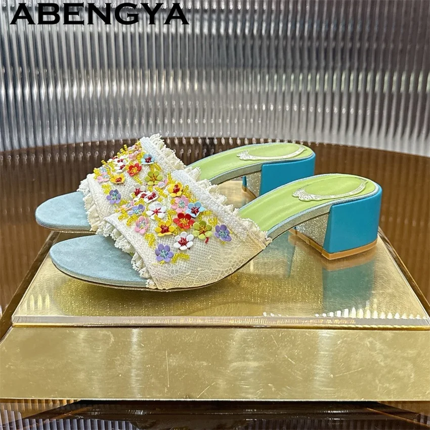 Ethnic Style Small Floral Square Chunky Heels Slippers Women Open Toe Slingback Bohemia Flower Fairy Summer Party Shoes Mujer
