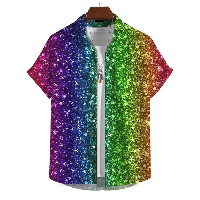 2024 3d Print Rainbow Shirt Men Summer Lapel Short Sleeved Holiday Party Shirts Streetwear Hip Hop Blouse Tops Male Clothing