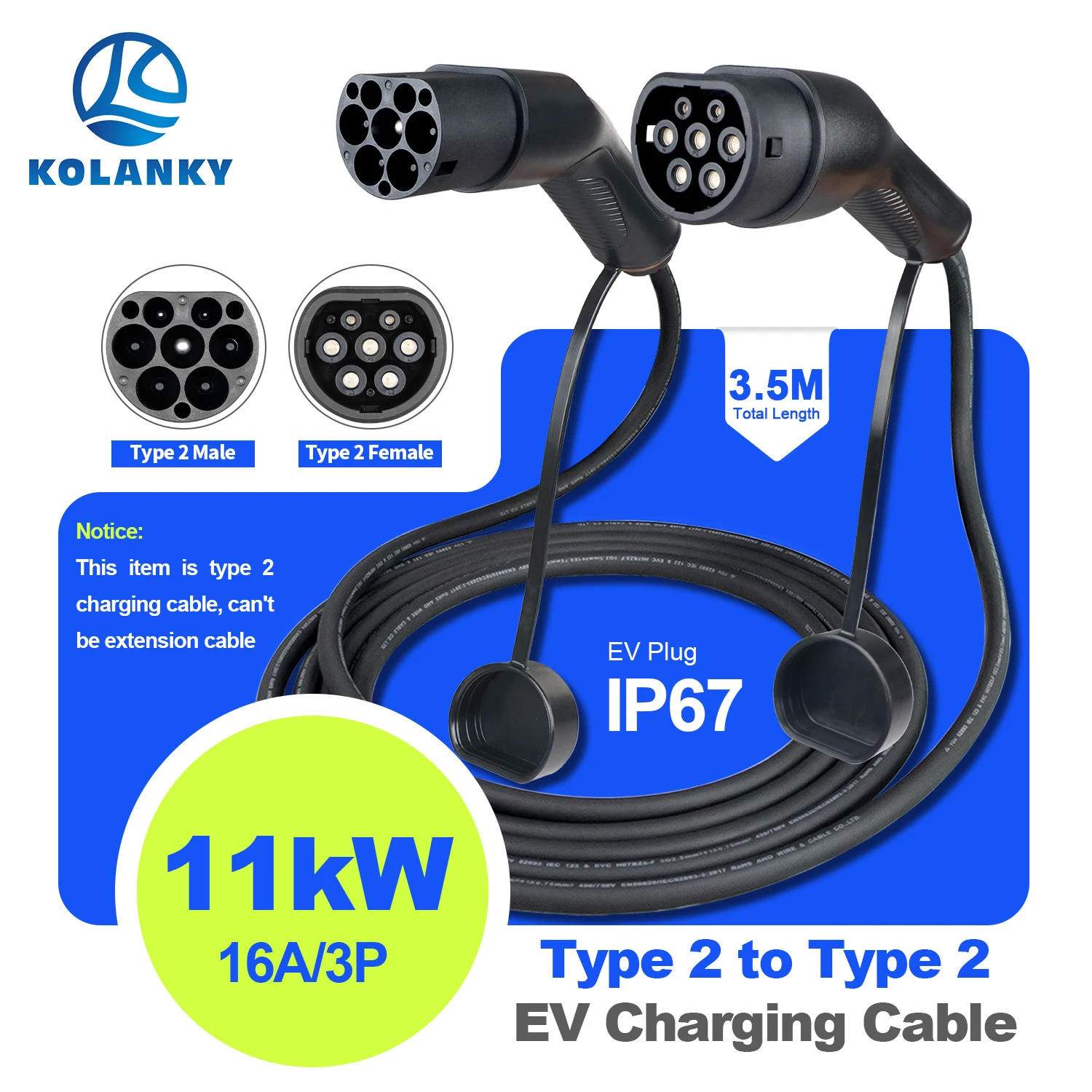 

EV Charging Cable 11KW Type 2 Male To Female Electric Car Charging Cord for Public Charger Station and Type 2 Electric Vehicles