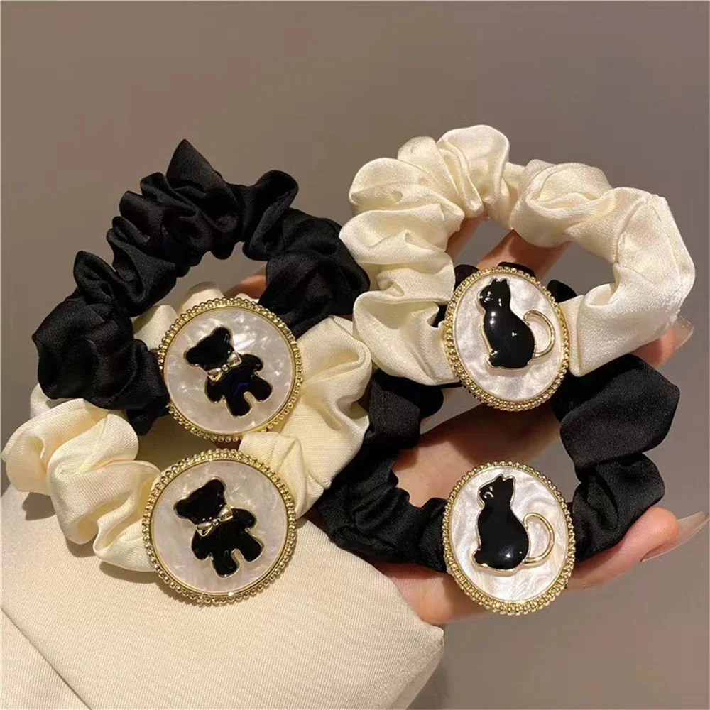 Fashion Imitation Pearl Rose Flower Silk Hairband Cute Bowknot Bear Cat Scrunchie for Women Girls Ponytail Hair Accessories Gift