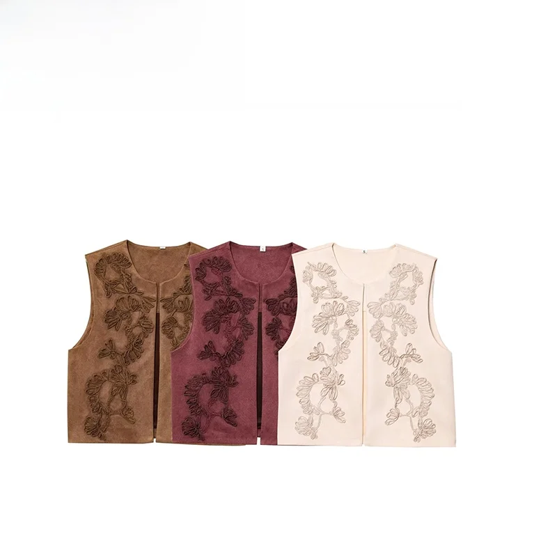 

ZBZA Spring New Women's Faion Design Embroidery Decorated Faux Velvet Texture Vest Straight Cut Svel round Ne Singl...