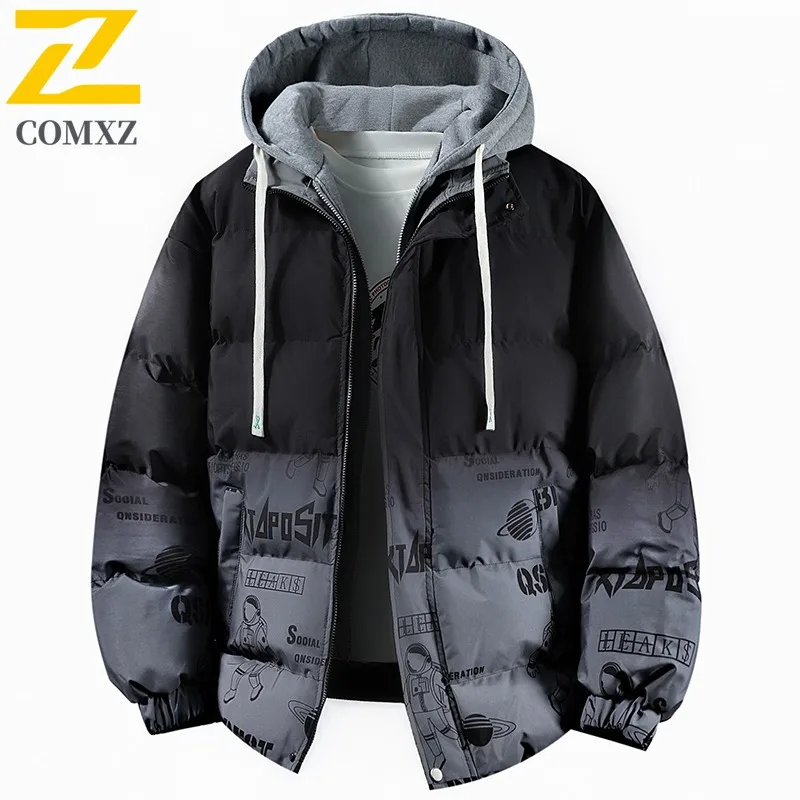 

COMXZ Luxury Cotton Jacket Men Fake Two Piece Hooded Adventure Lightweight Padding Coat Streetwear Thickened Winter Garment