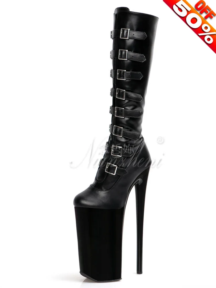 Mid-Calf Women\'s Gothic Sexy 10 Inch Boots Platform Strip High Heels 26cm Belt Buckle Fetish Pole Dance Shoes Exotic Nightclub