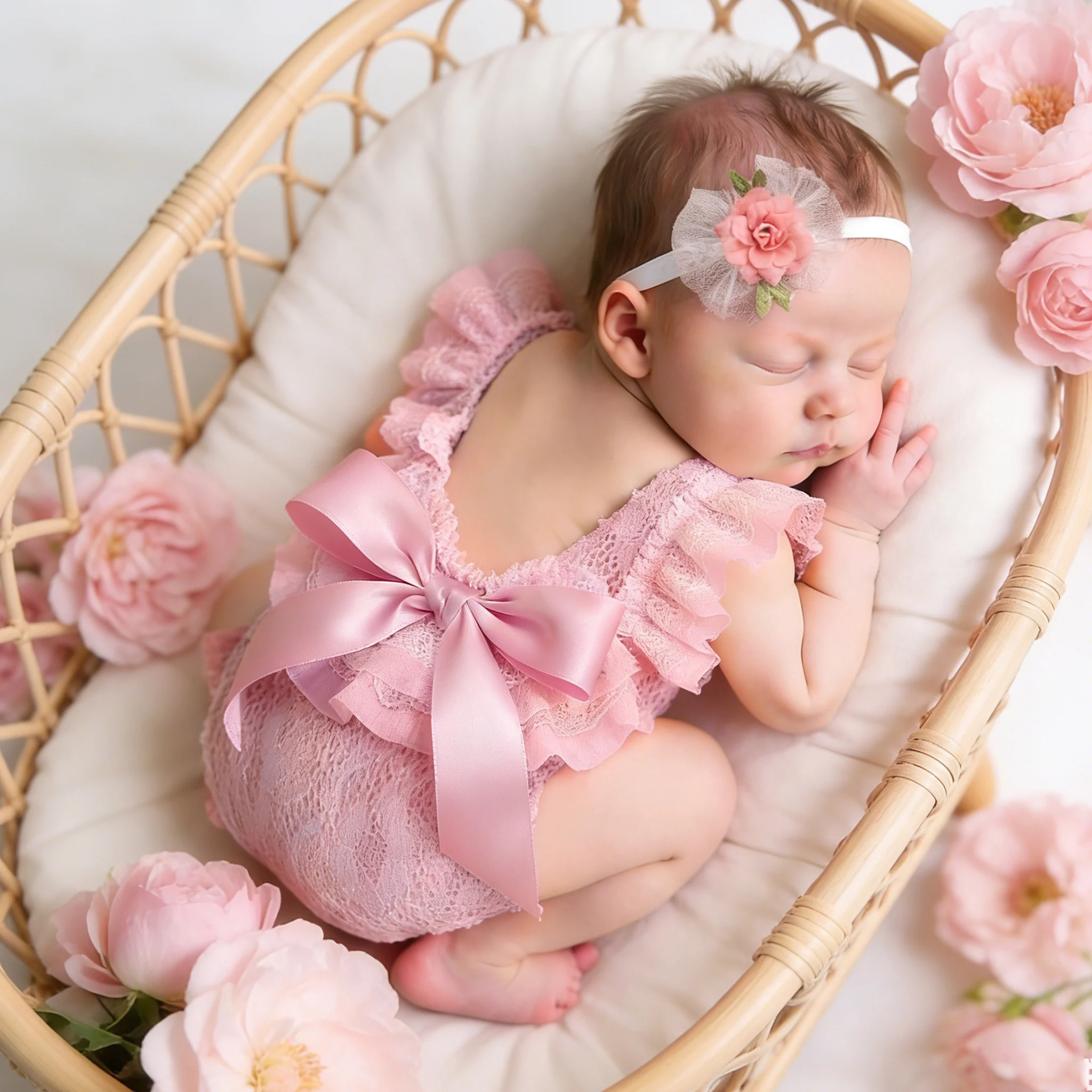 

Новый розовый кружевной комбинезон для новорожденных девочек с большим бантом и рукавами-рюшами, летний наряд для фотосессии, комплект с цветочной повязкой на голову, подарок на выписку/на рождение ребенка - HD