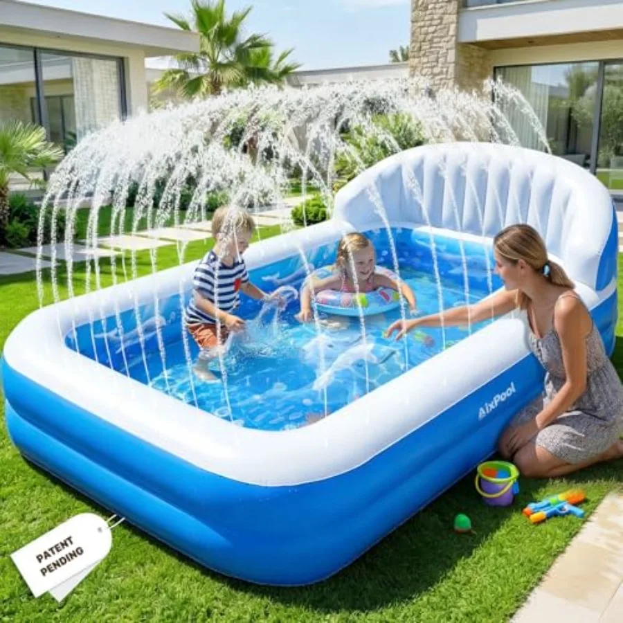 2026 Inflatable Pool with SprinklerDurable Blow up Pool with Big Backrest Rectangle Pool Backyard Swimming Pool Small Inflatabl