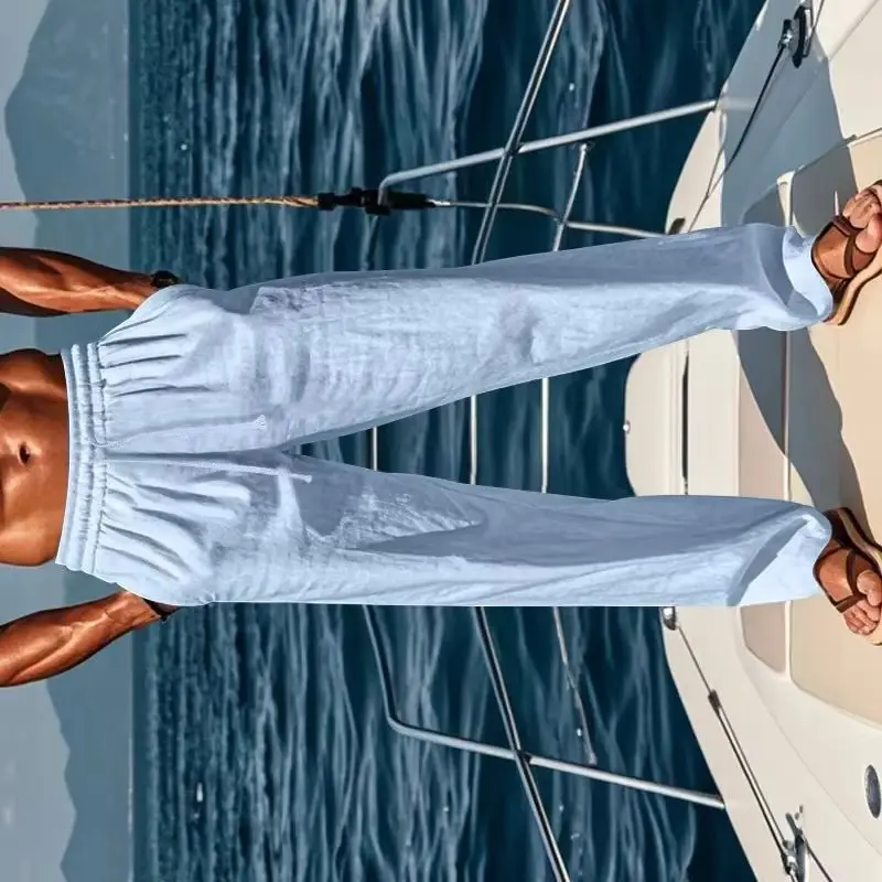 

Spring and summer new men's solid-color cotton and linen casual long pants, Hawaiian beach loose sports and breathable street pa
